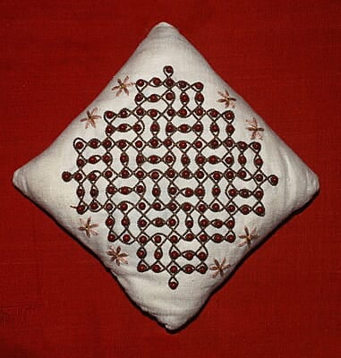 Red Jasper Crystal Beads On Kolam Embroidered Linen Hand Cushion